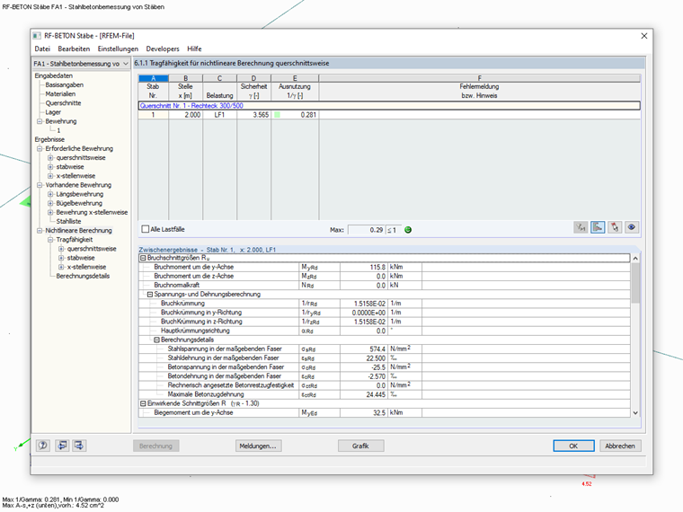 Window 6.1.1 with Results of ULS for Nonlinear Calculation