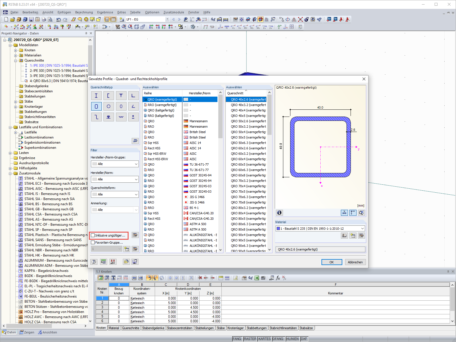 Selecting Cross-Section - Default Settings
