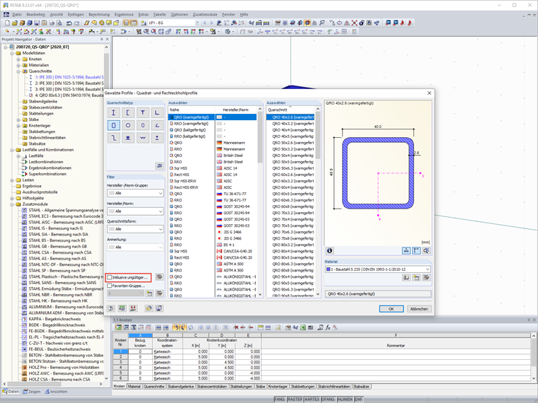 Selecting Cross-Section - Default Settings