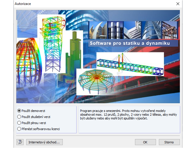 The demo version can contain at most 12 members, 2 surfaces, 2 patterns, or 2 solids to be able to calculate and save a model.