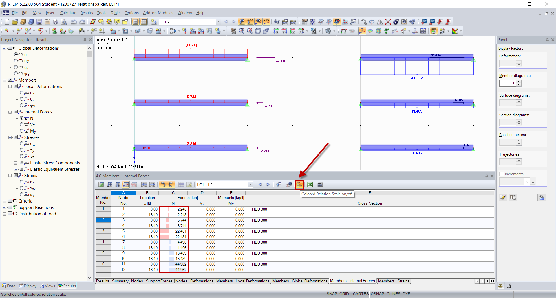 Table “Internal Forces - Members” with Colored Reference Scale