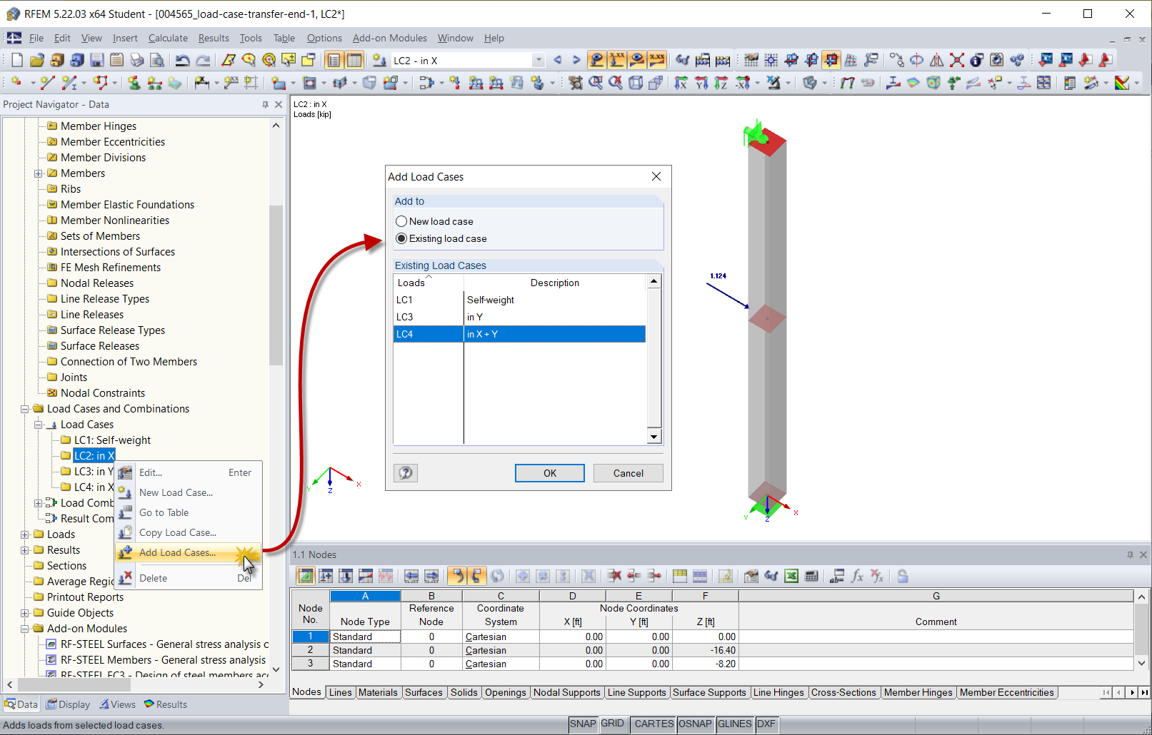 Right-Clicking Existing Load Case and Selecting "Add Load Cases"