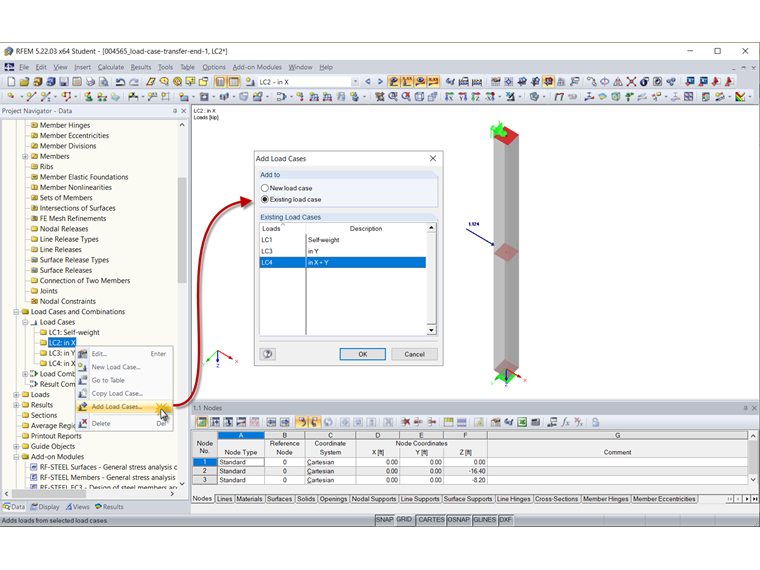 Right-Clicking Existing Load Case and Selecting "Add Load Cases"