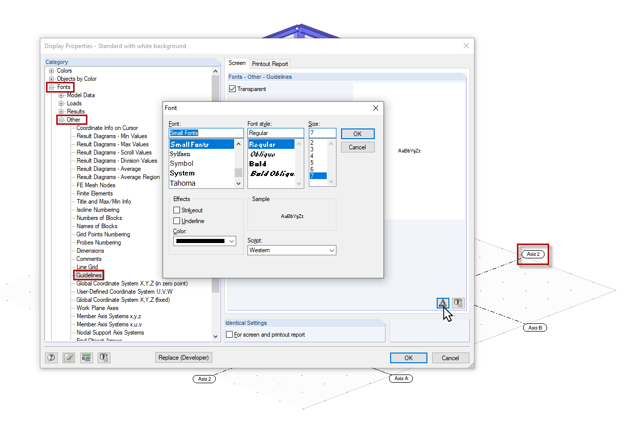 Display Properties for Guideline Font