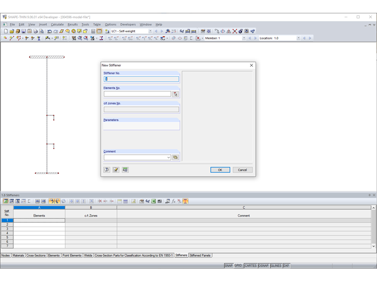 Entering Stiffeners in Dialog Box and Table