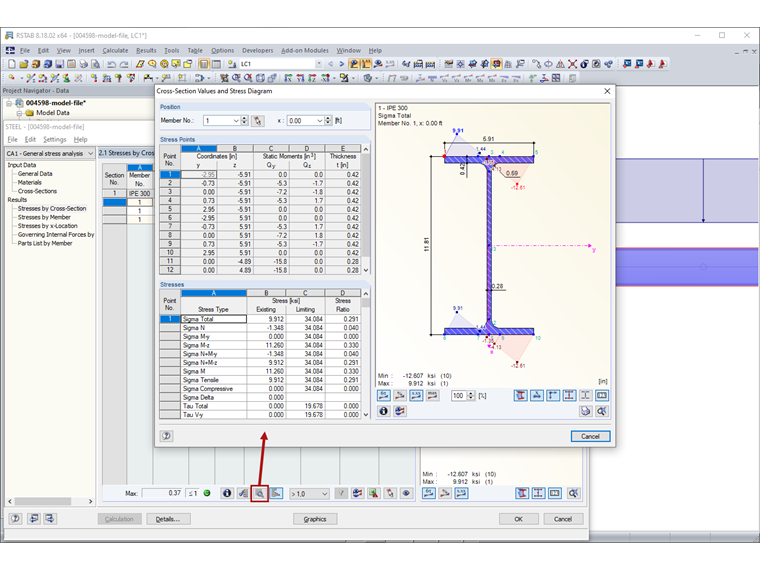 Cross-Section Values and Stress Diagram