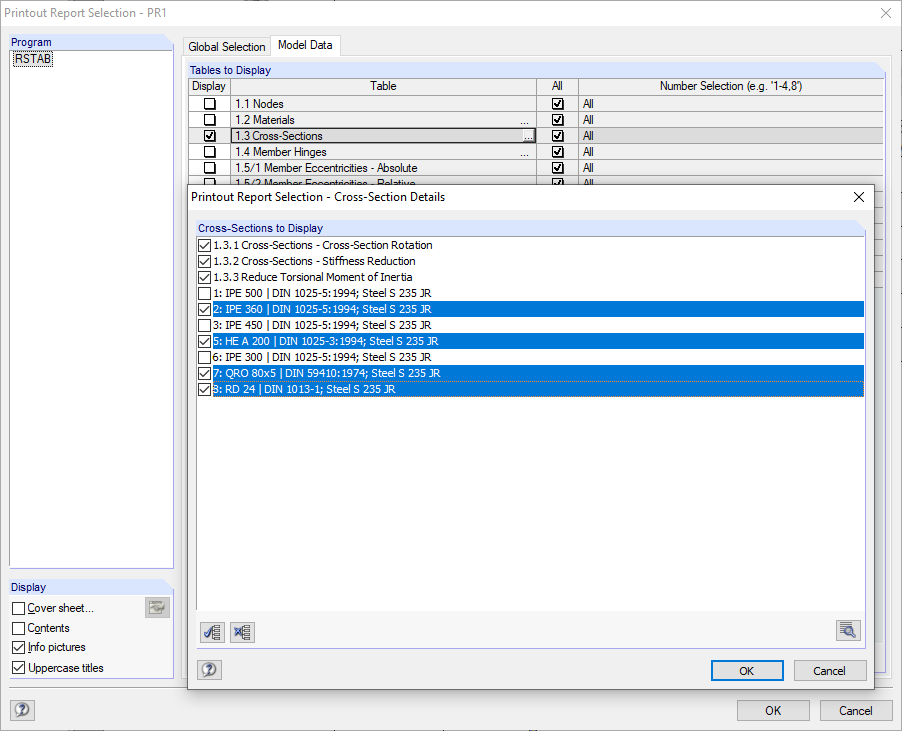 Cross-Sections to Display (Check Box Selected) and Select (Marked in Blue)
