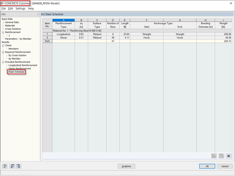 Steel Schedule in RF-CONCRETE Columns