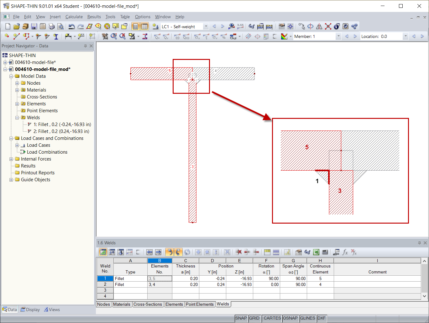 Elements 3 and 5 Connected to Weld 1 (Marked in Red)