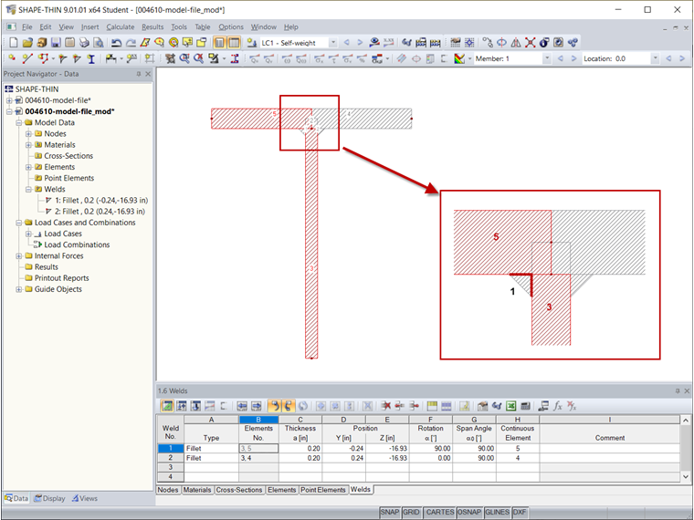 Elements 3 and 5 Connected to Weld 1 (Marked in Red)