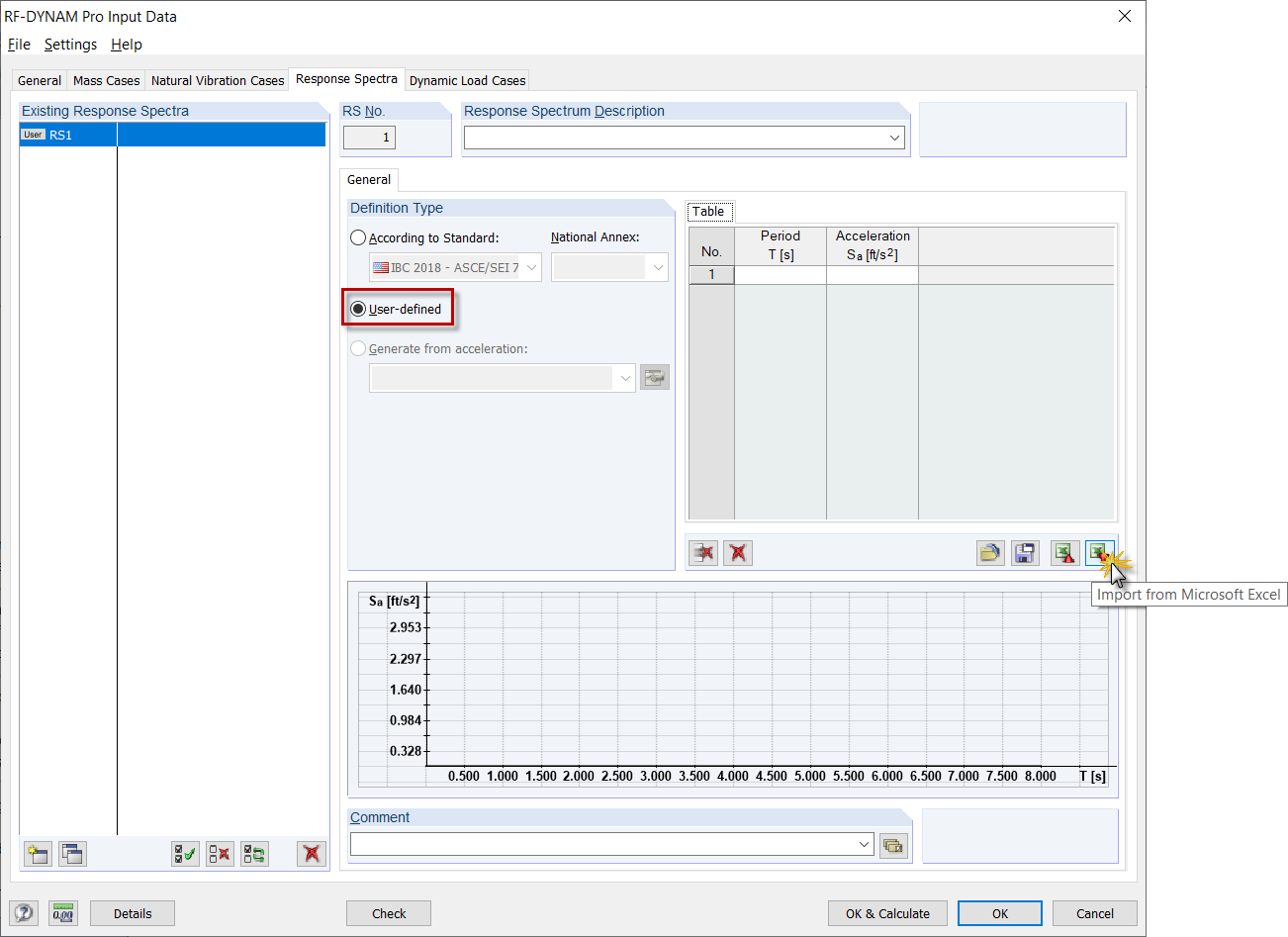 Importing Parameters of User-Defined Response Spectrum from Excel
