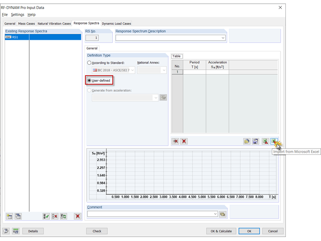 Importing Parameters of User-Defined Response Spectrum from Excel