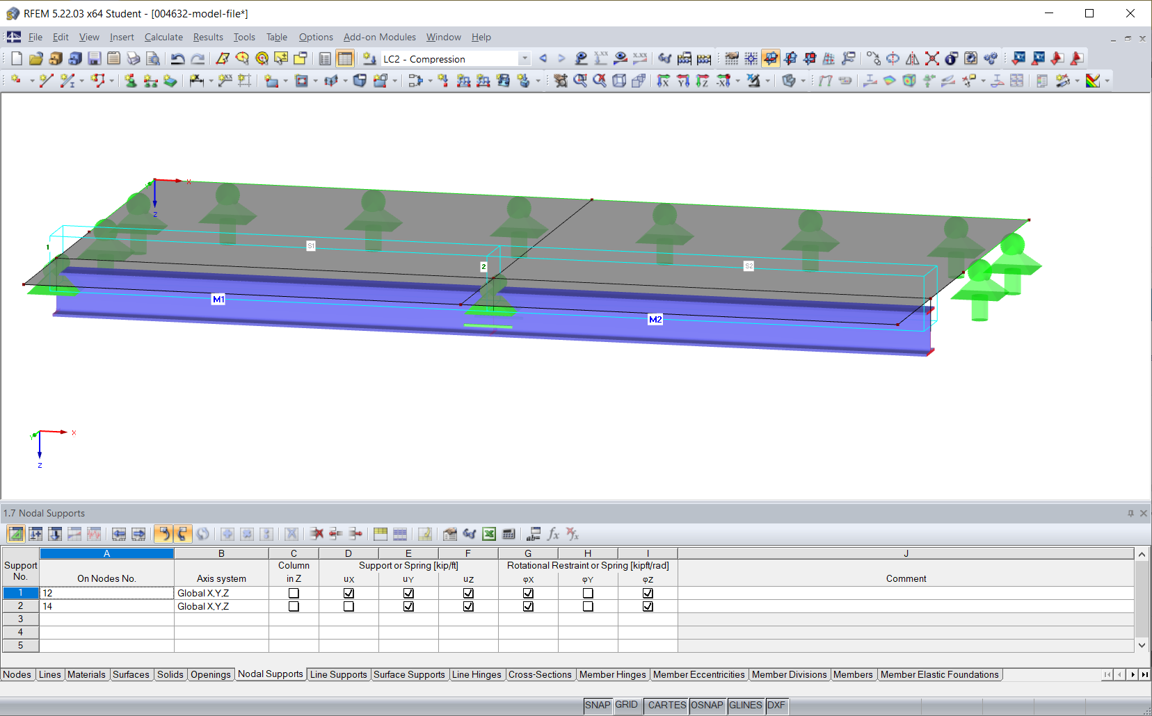 Nodal Support on Members 1 and 2