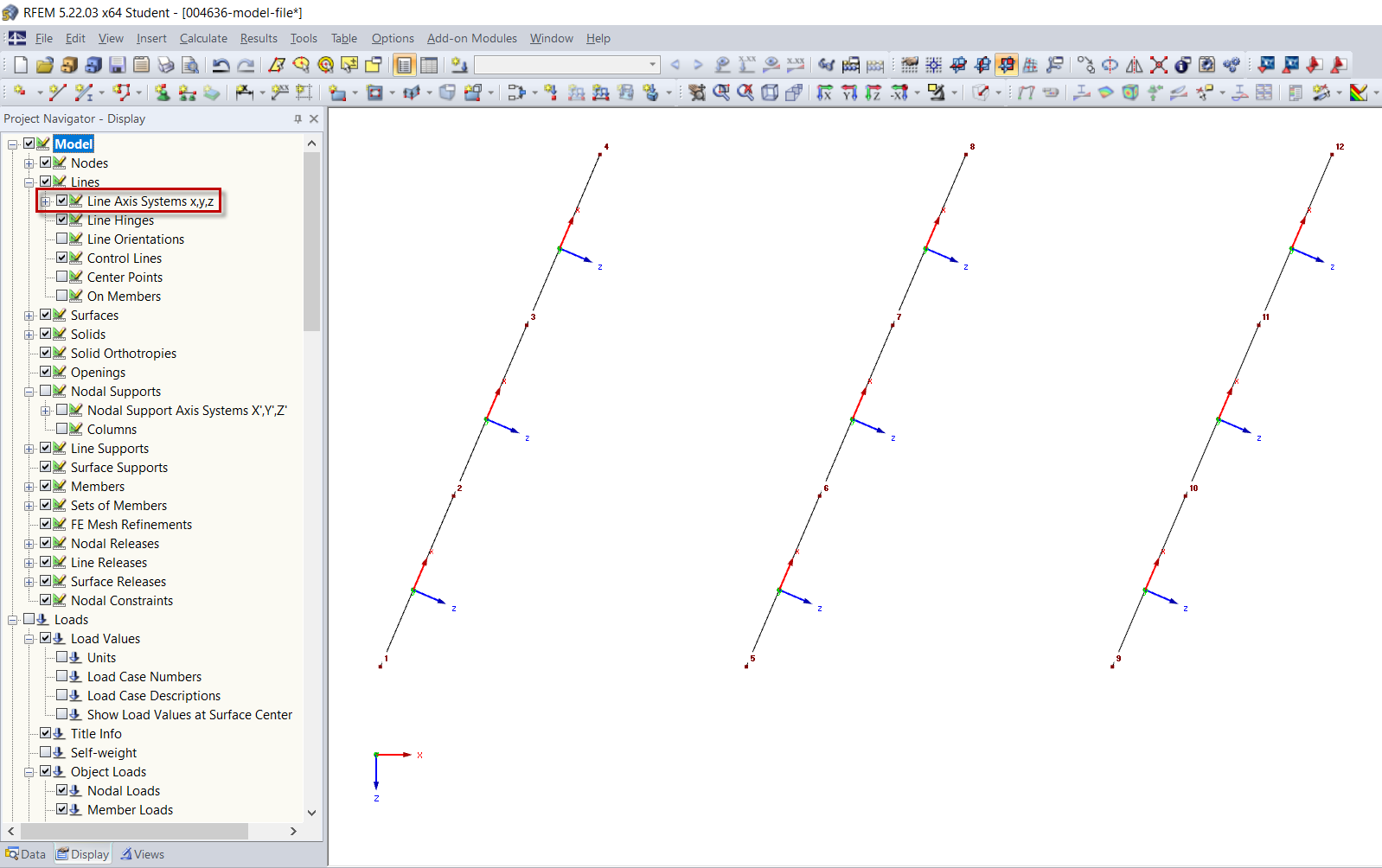 Activating Local Line Axis Aystems x, y, z in Display Navigator