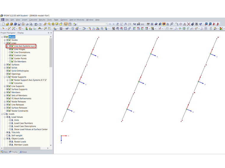 Activating Local Line Axis Aystems x, y, z in Display Navigator
