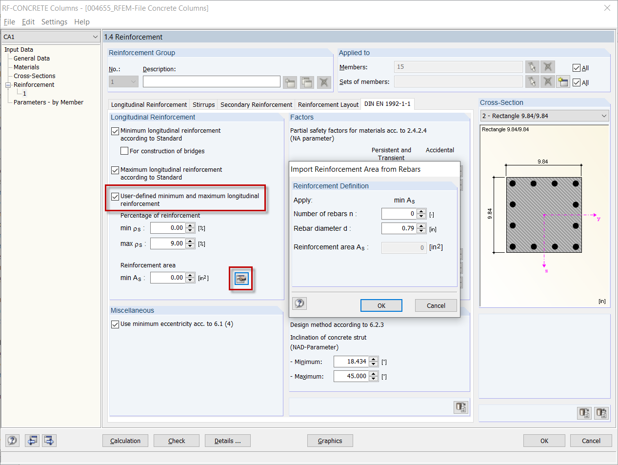 Window 1.4 in RF-CONCRETE Columns with Setting of Provided Basic Reinforcement