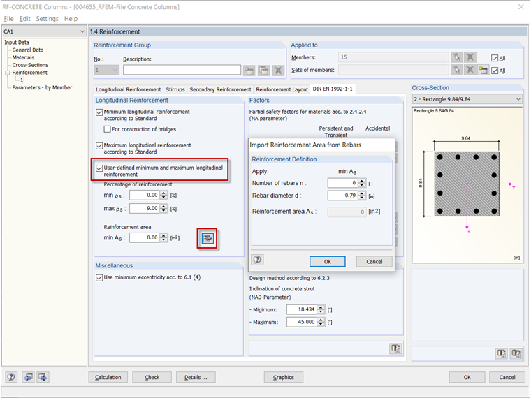 Window 1.4 in RF-CONCRETE Columns with Setting of Provided Basic Reinforcement