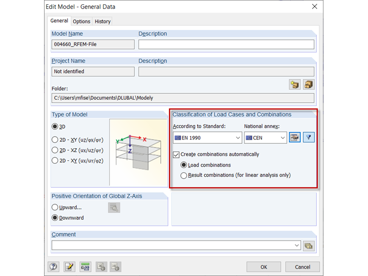Activating Automatic Combinations in Dialog Box "Edit Model - General Data"