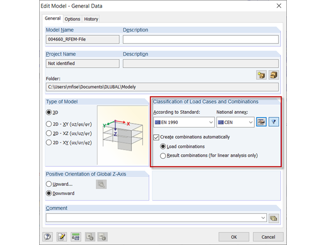 Activating Automatic Combinations in Dialog Box "Edit Model - General Data"