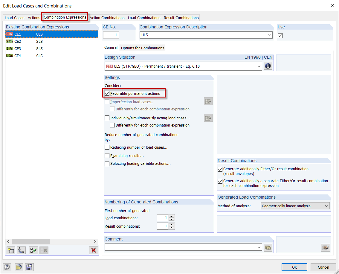 Tab "Combination Expressions" with Option for Favorable Permanent Load