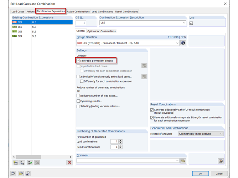 Tab "Combination Expressions" with Option for Favorable Permanent Load