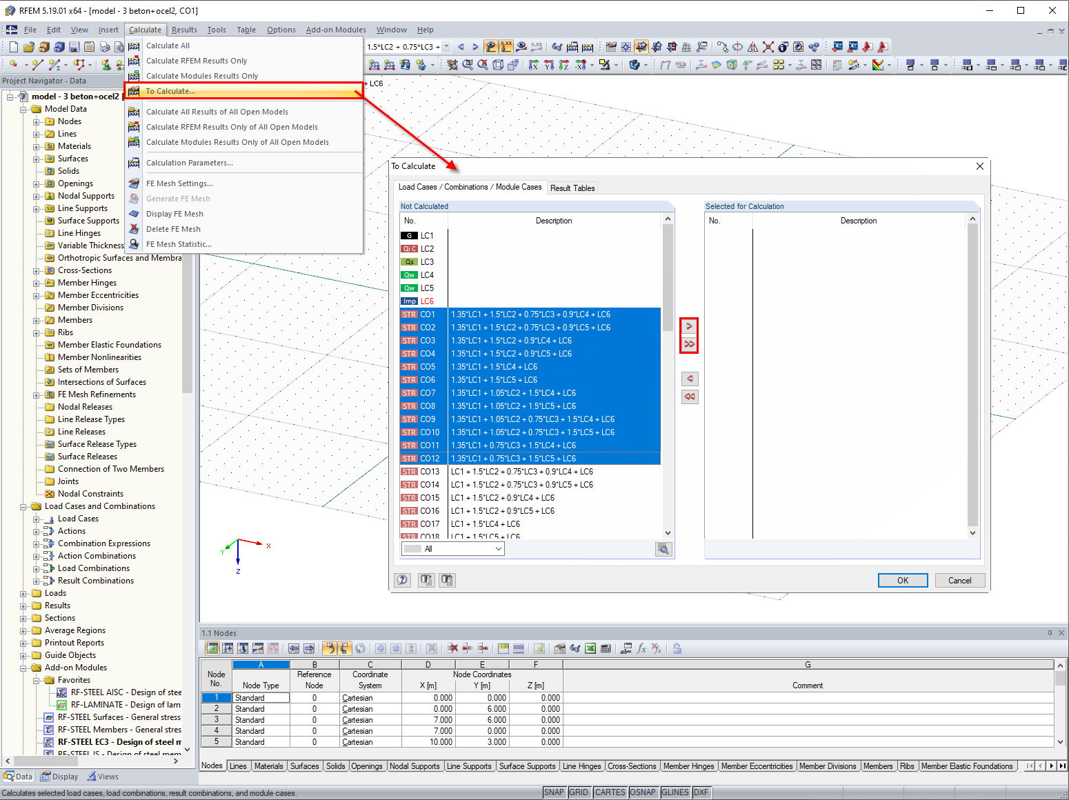 Option "To Calculate" Allowing Division of Load Cases and Combinations into Several Groups with Lower Number of Cases
