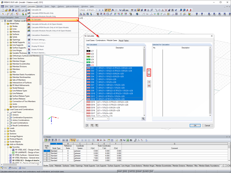 Option "To Calculate" Allowing Division of Load Cases and Combinations into Several Groups with Lower Number of Cases