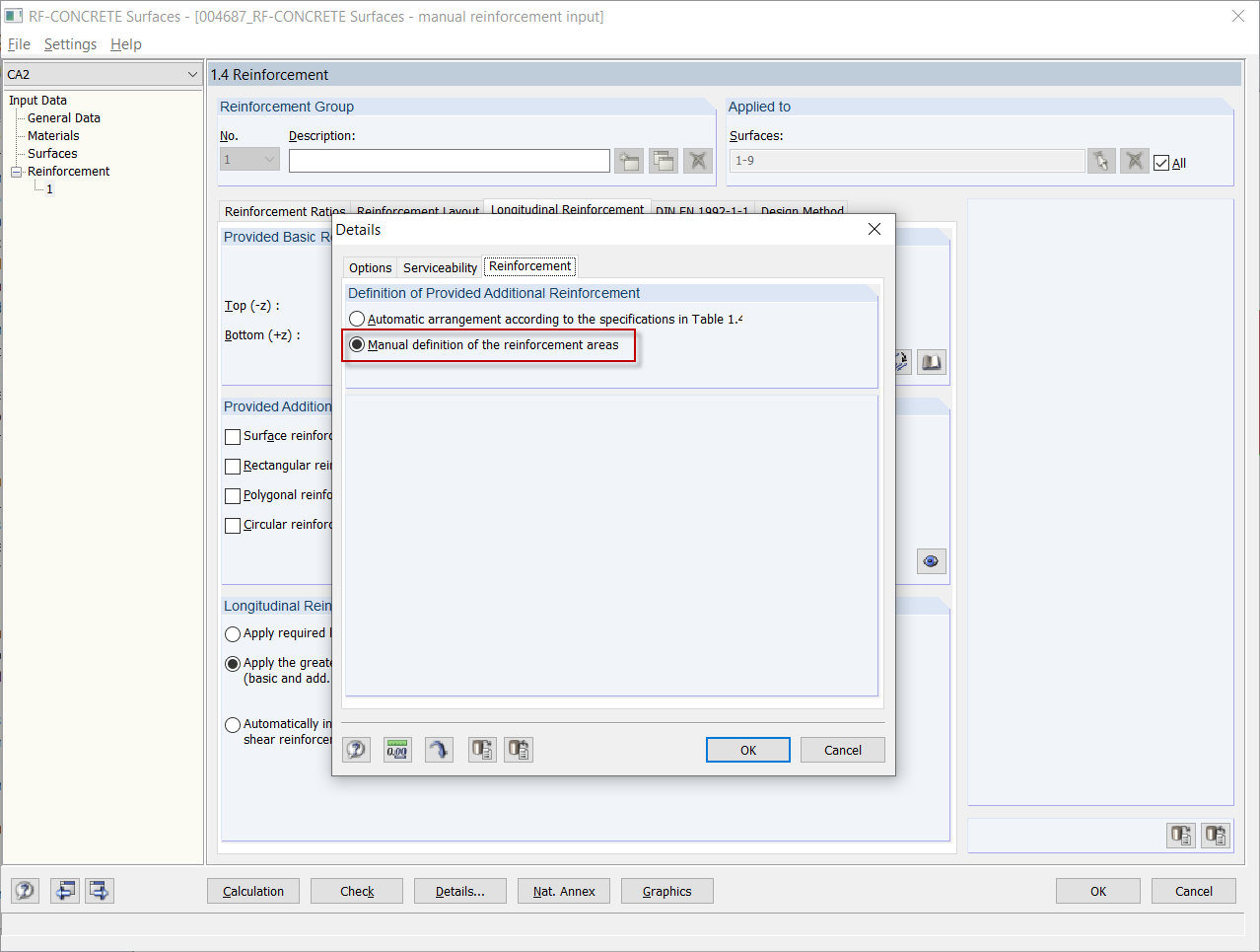 Switching to "Manual Definition of Reinforcement Areas"