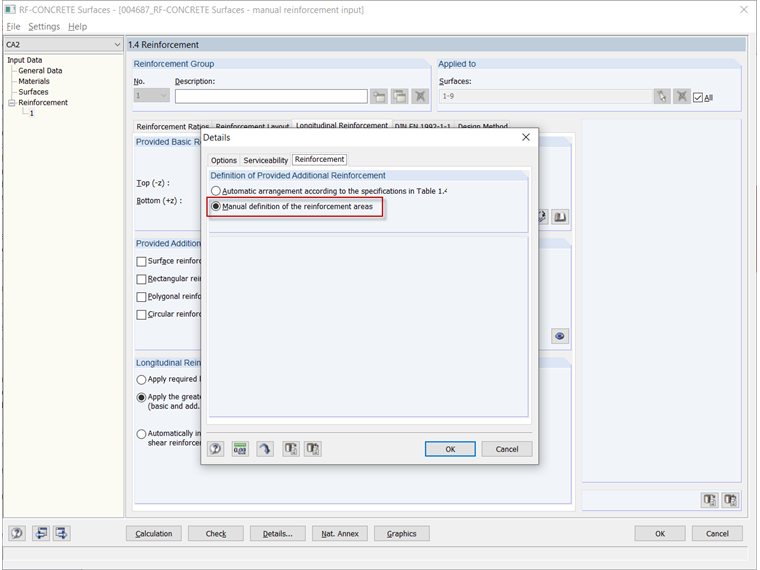 Switching to "Manual Definition of Reinforcement Areas"