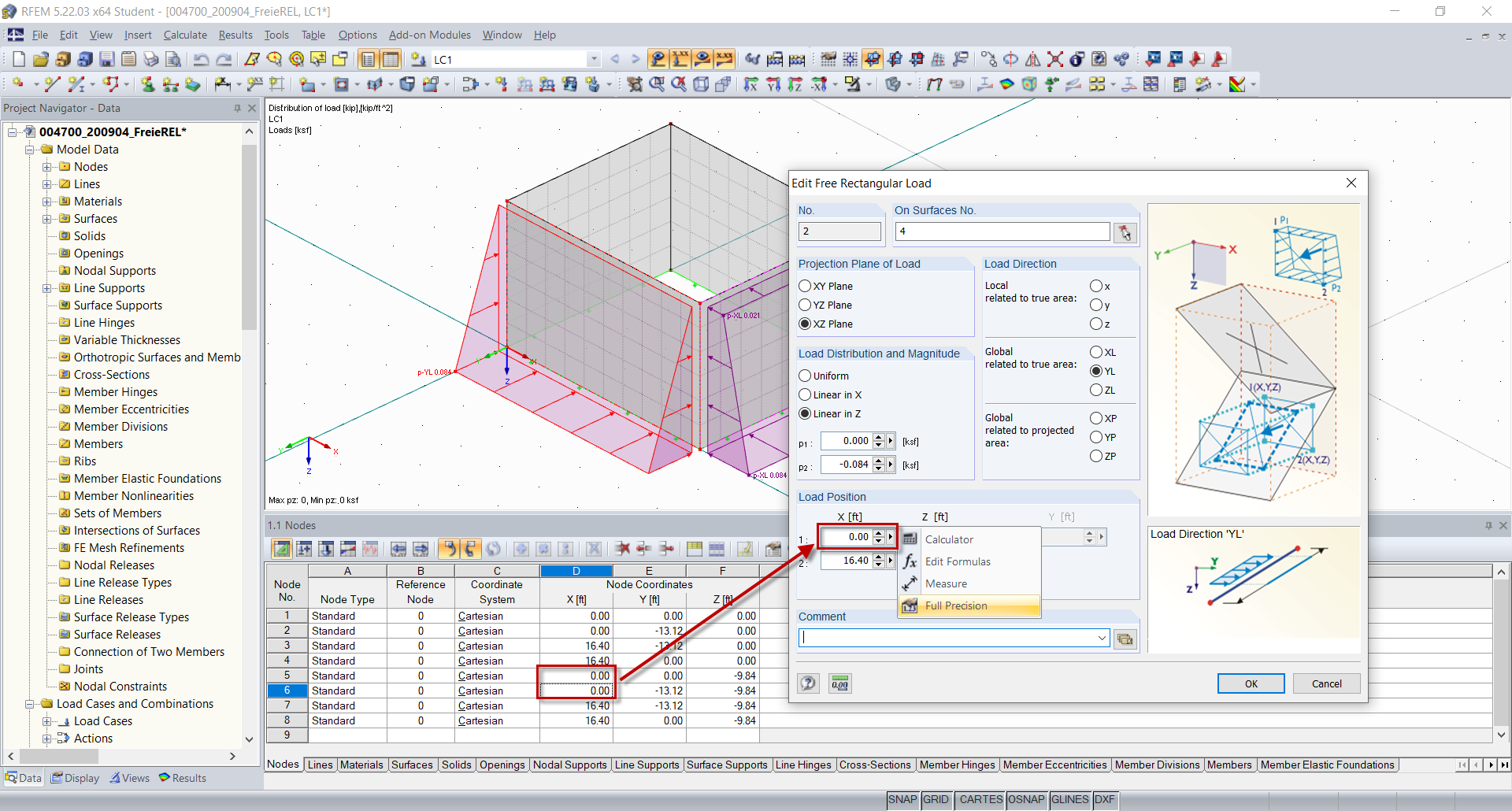 Deviation Between Node Coordinates and Free Rectangular Load