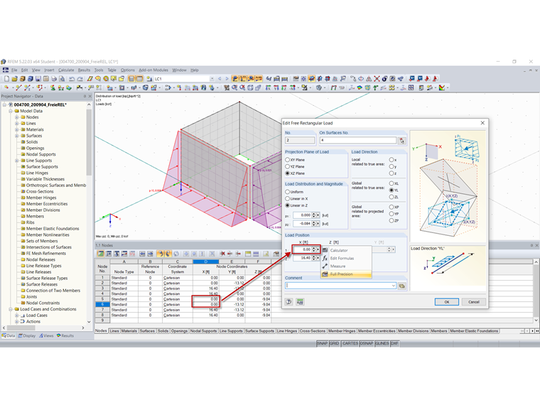 Deviation Between Node Coordinates and Free Rectangular Load