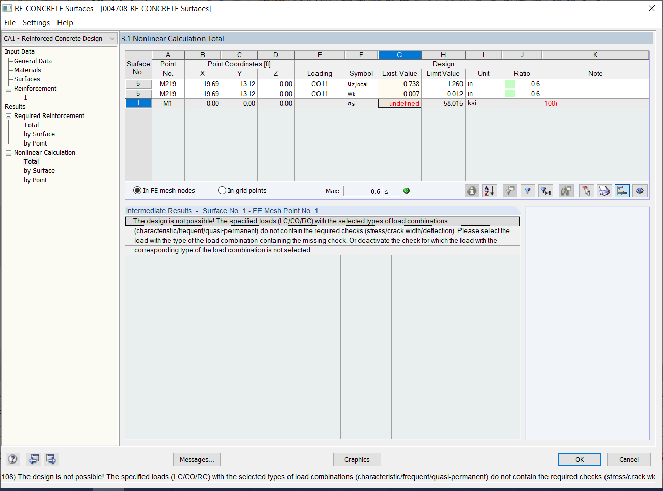 Error 108 for Stress Analysis of Reinforcing Steel