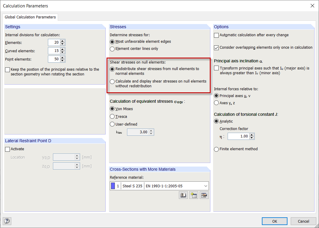 Setting Options for Display/Calculation of Shear Stresses on Null Elements