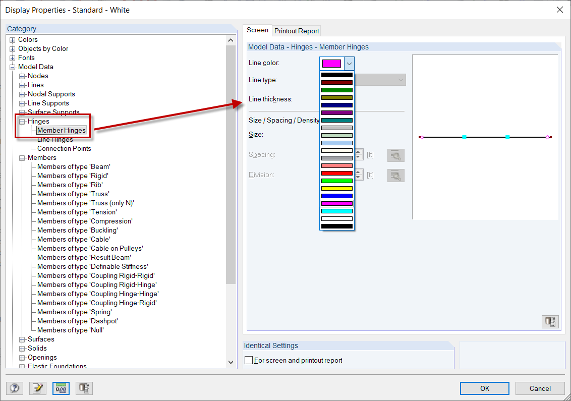 Display Properties for Member Hinges