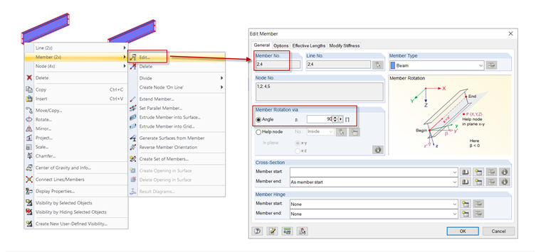 Multi-Selection with Shortcut Menu (Right) and Dialog Box "Edit Member" (Left)