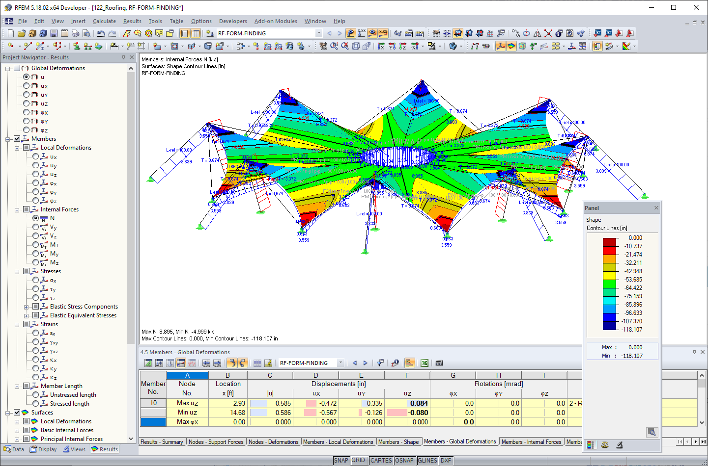 Tension Forces in Cables and Contour Lines After Form-Finding in RFEM
