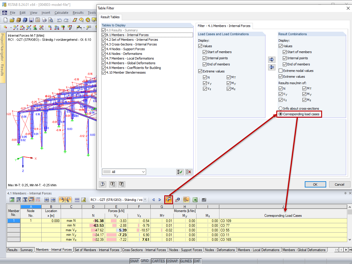 Dialog Box "Table Filter" - Option "Corresponding Load Cases"