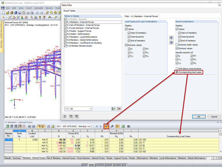 Dialog Box "Table Filter" - Option "Corresponding Load Cases"