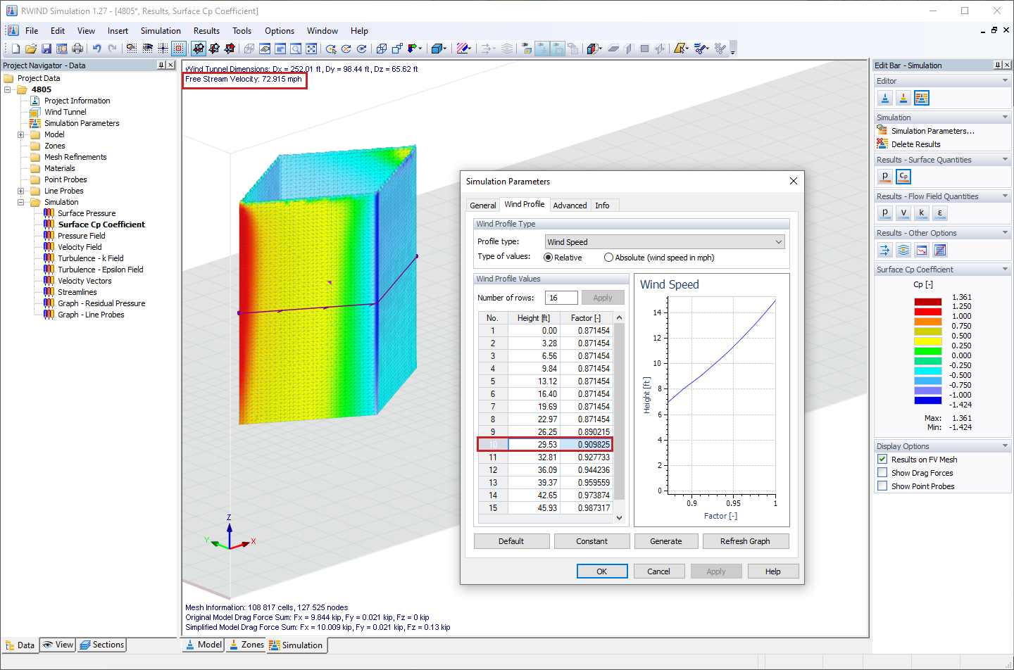 Wind Velocity at Top Edge of Model