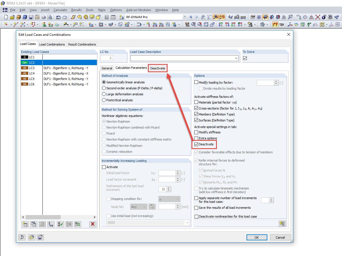 Deactivating Members in Original Load Case
