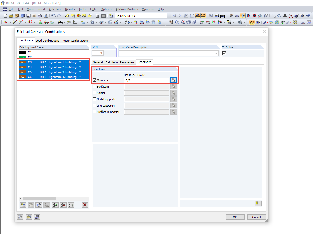 Deactivating Members in Dynamic Load Cases