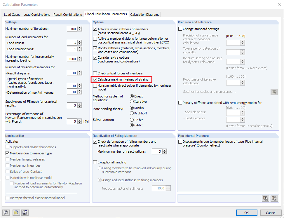 Deactivating Option to Calculate Maximum Values of Strains in Calculation Parameters