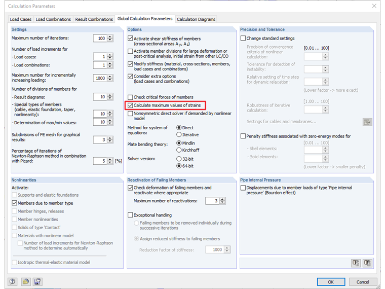 Deactivating Option to Calculate Maximum Values of Strains in Calculation Parameters