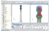 Tower Model in RFEM (Left: Entire Tower, Right: Detail of Steel Part) (© Allcons s.r.o.)