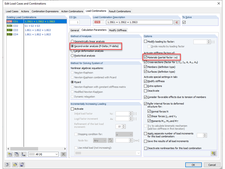 Calculation Parameters of Load Combination