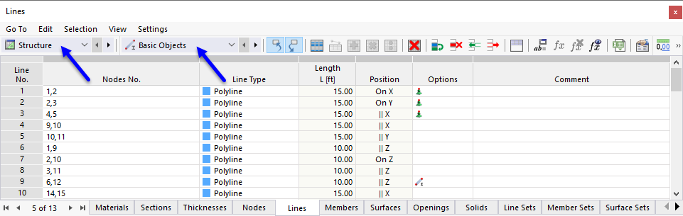 Tables for Category "Structure" and Subcategory "Basic Objects"