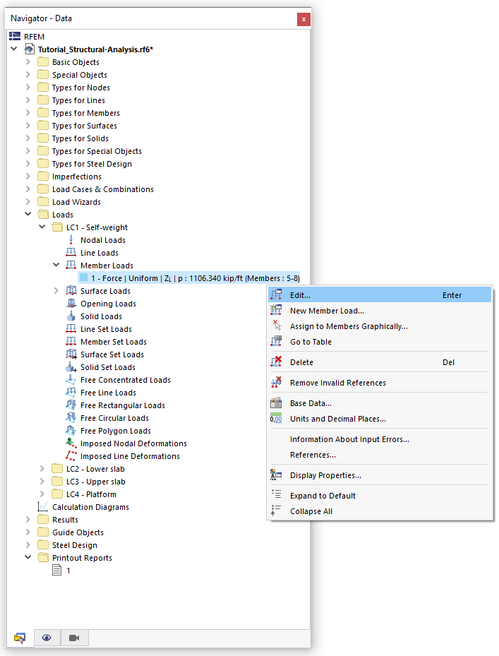 Shortcut Menu of Member Load