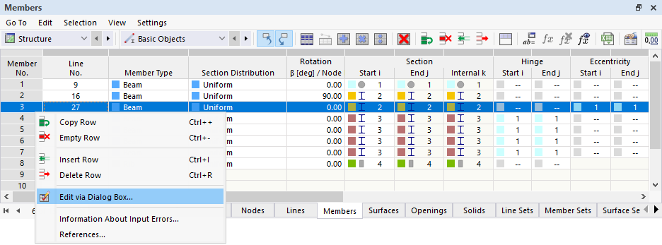 Shortcut Menu in Table