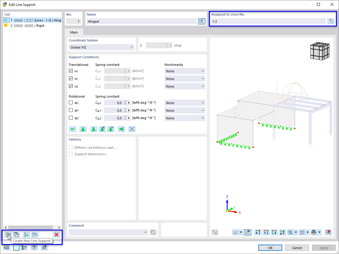 Dialog Box "Edit Line Support" with Options for Assigning and Creating New Types