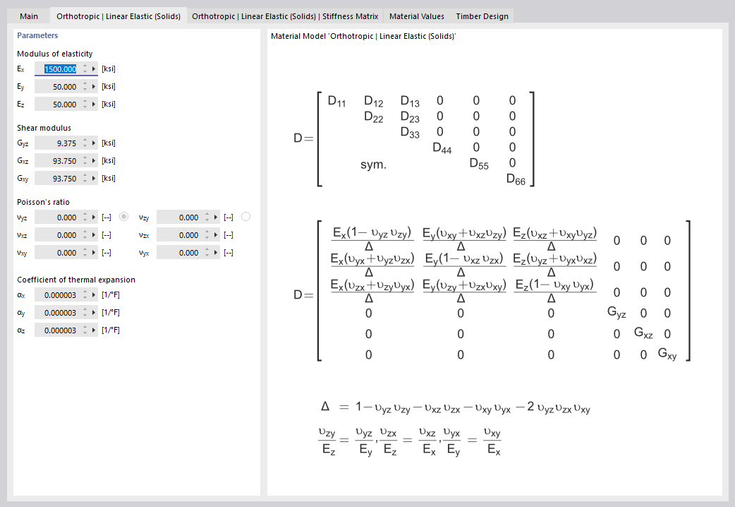 Stiffness Matrix for Orthotropic Linear Elastic Material (Solids)